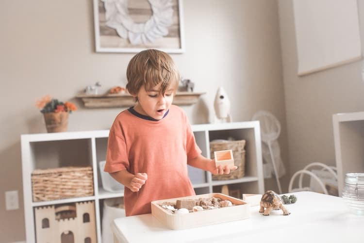 un petit garçon en train de faire des découvertes avec son bac sensoriel