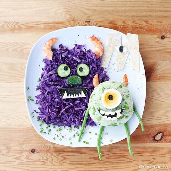food presented in a playful way, in the form of funny monsters for children