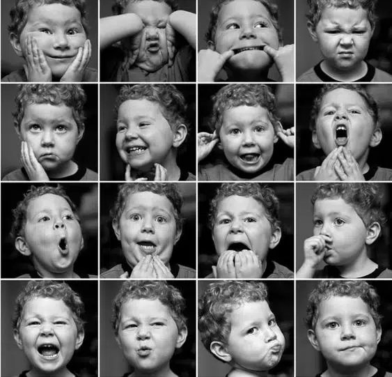 Children's theater: expression game, photo of children with different facial expressions