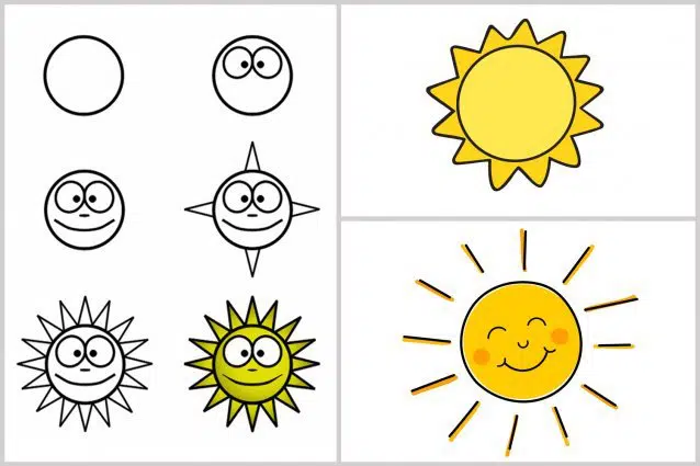 dessins faciles : aide l'enfant  à apprendre à dessiner : étapes pour dessiner un soleil